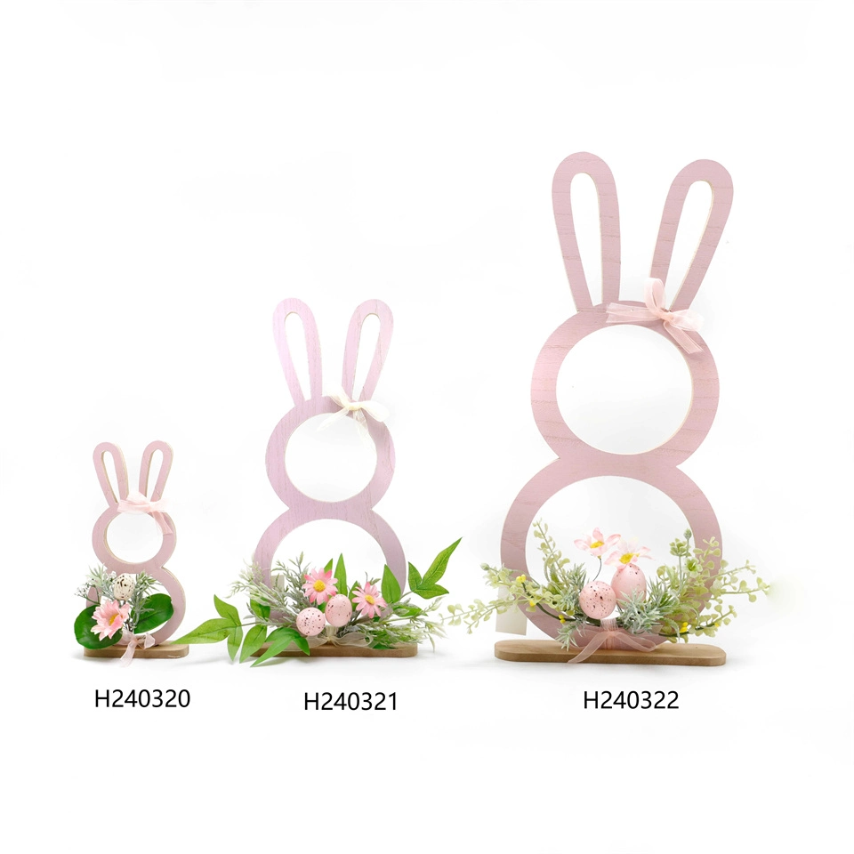 Cute Pink Wooden Rabbit Artificial Green Plant Egg Ornaments Easter Decoration Wooden Rabbit Ornaments