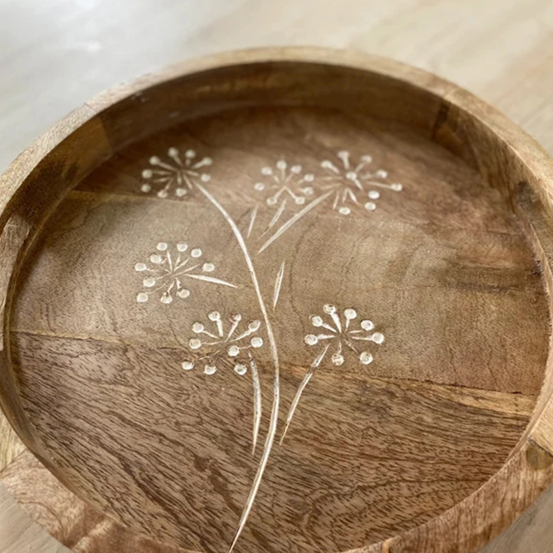 Wooden/Wood Round Serving Plate/Tray with Dandelion Pattern for Cakes/Coffee/Tea/Drinks/Food/Plants